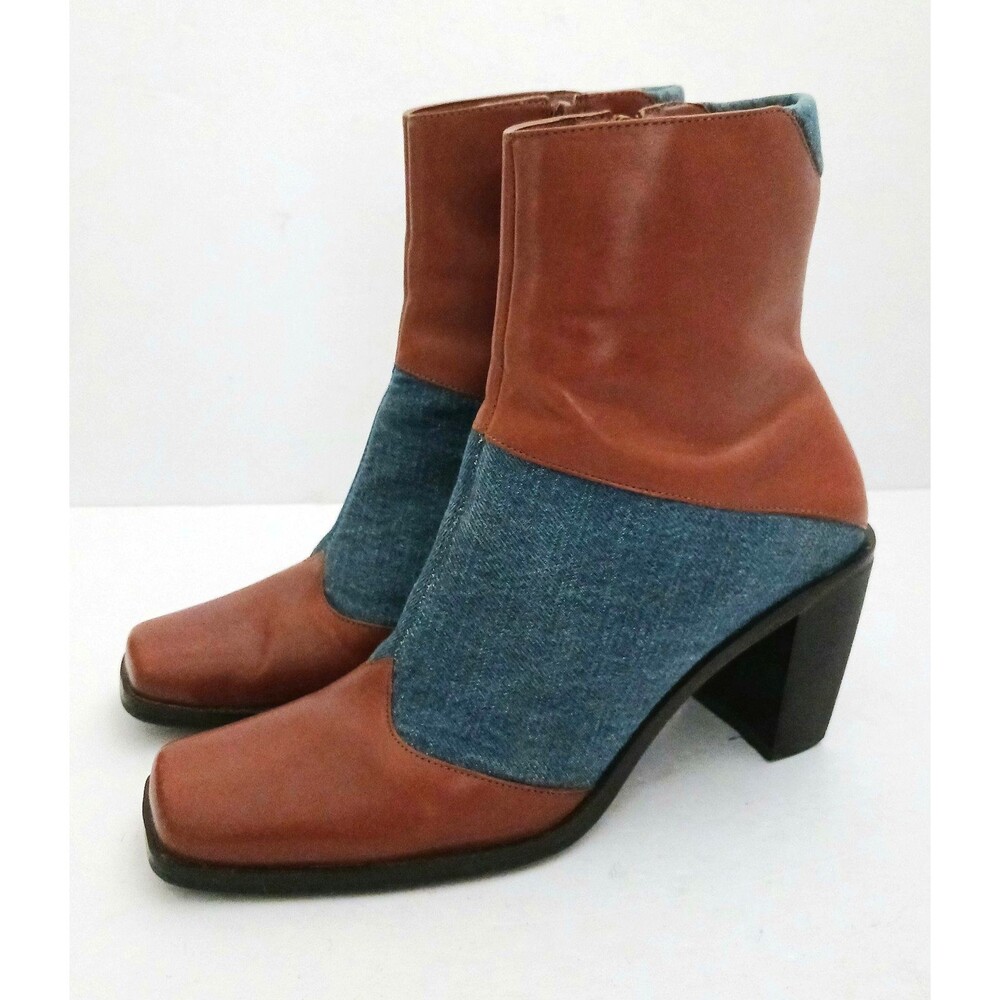 Worthington Brown Leather and Blue Denim Ankle Boots